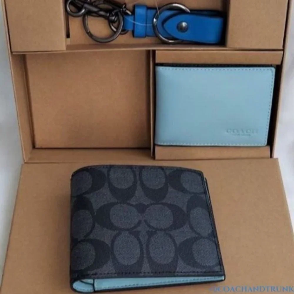 COACH 3 In 1 Leather Wallet Gift Set Color Block Signature Canvas Gift Box NWT